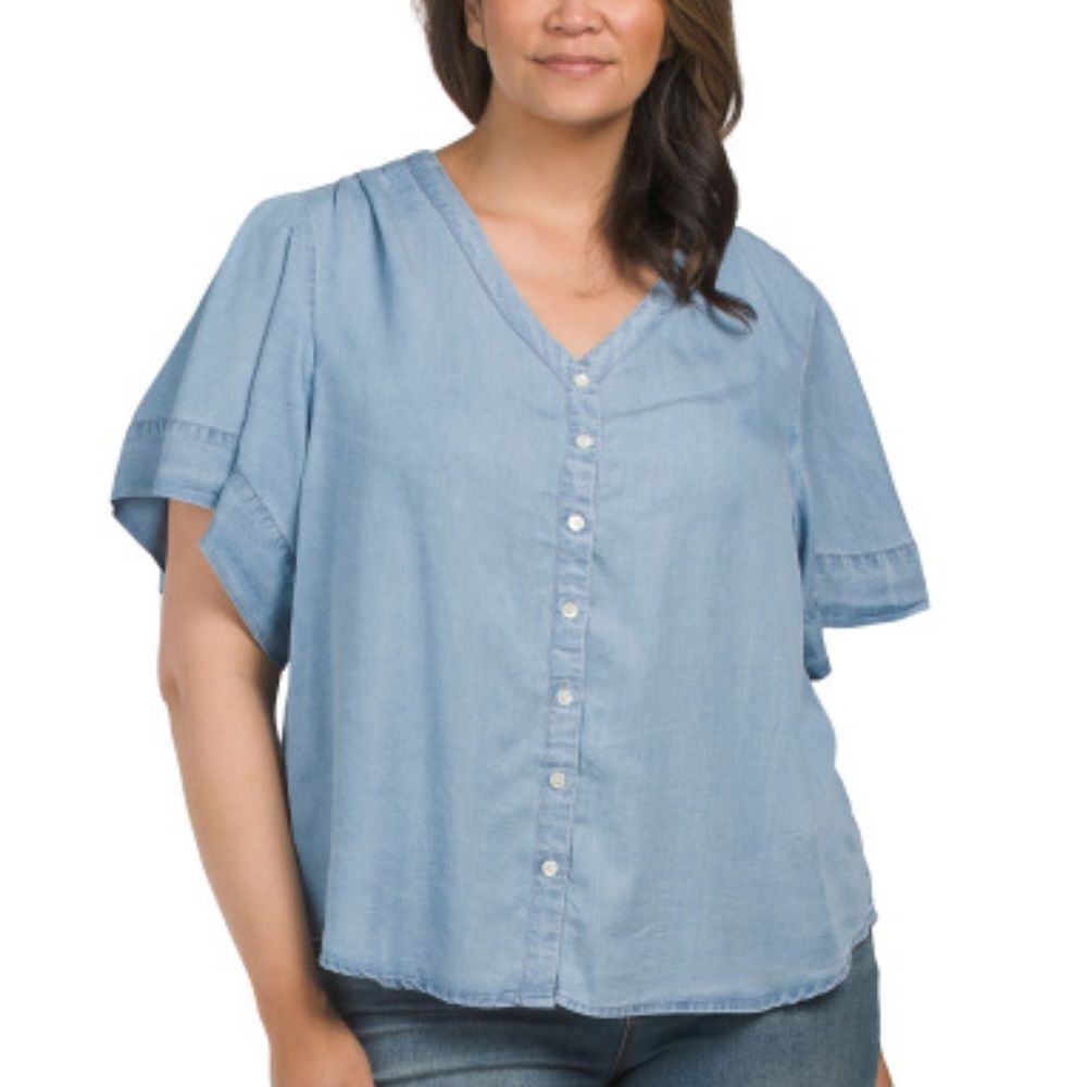 Workshop 1X Chambray Blue Button Front V-Neck Sho… - image 1
